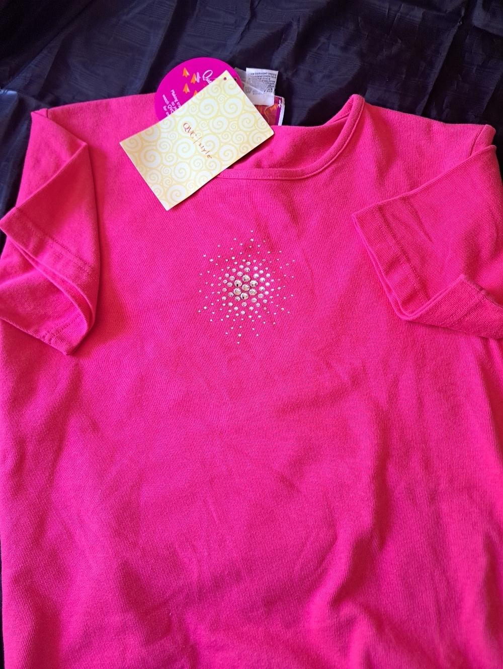 QUARKER FACTORY Tshirt Hot Pink Short Sleeve Tee with Rhinestone Burst